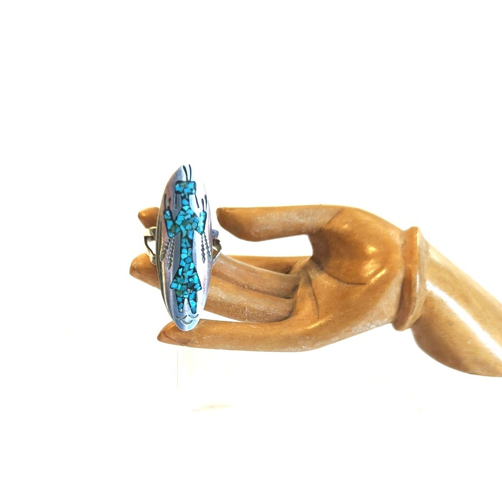 J. NEZZIE Signed Ring 8.5 Sterling Silver Inlaid Turquoise Native American 70's